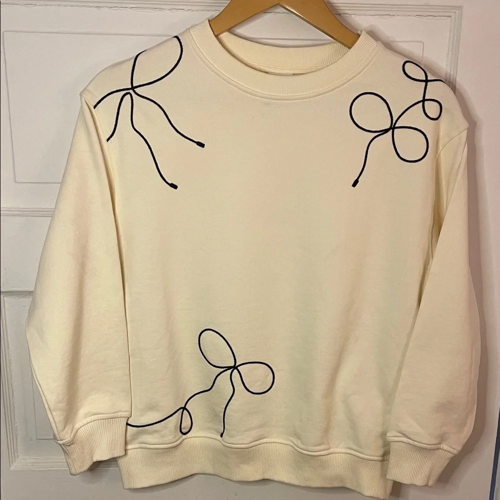 NWT Zara Girls Crewneck Embroidered Bows Pullover Sweatshirt Ivory Sz 11 / 12